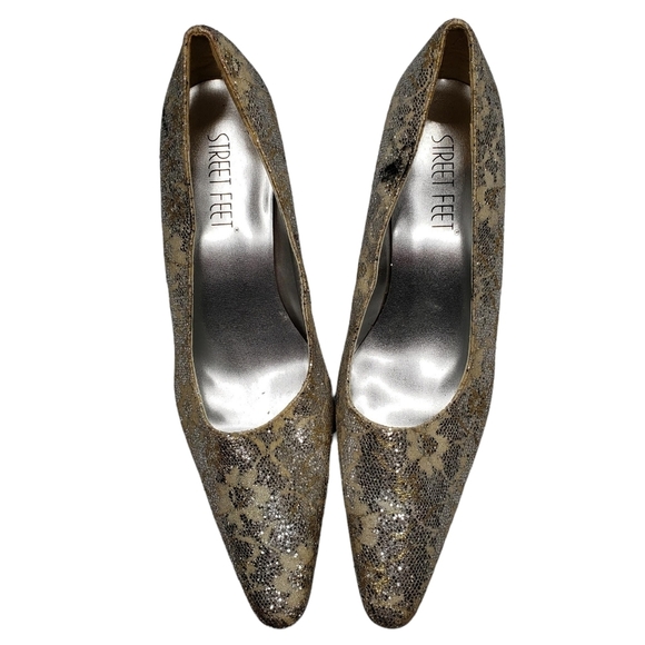 Street Feet | Glam Metallic Silver Floral Pointed Toe Block Heel Pumps Women's 9 - Picture 2 of 12